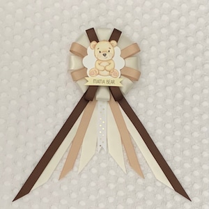 Mommy to be ribbon corsage for baby shower - gender neutral - cream, tan, brown - mama bear - teddy bear