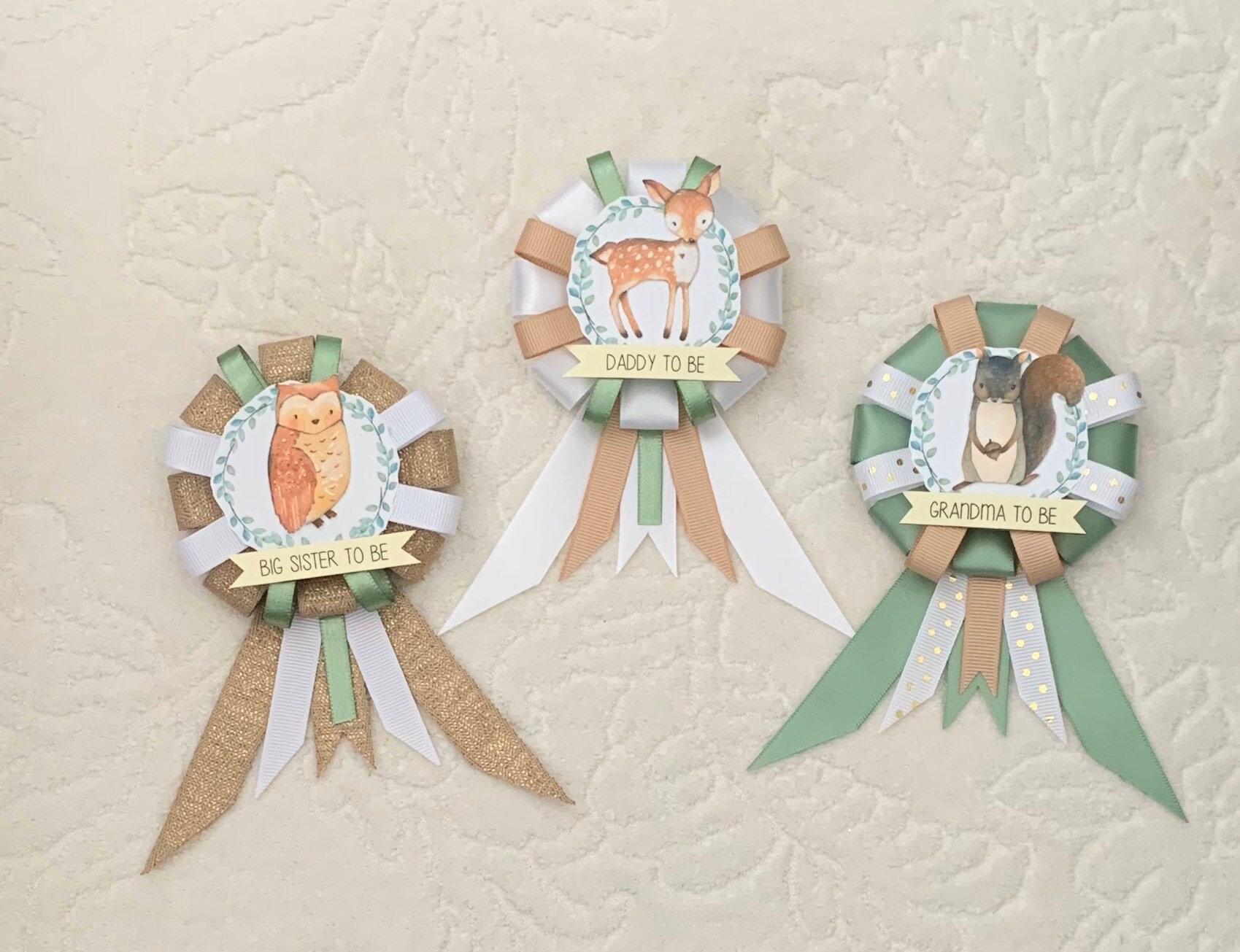 Family Ribbon Corsages for Baby Shower - Gender Neutral - Woodland ...