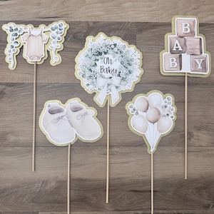 Gender neutral baby Shower Party Props - Set of 5 on sticks - eucalyptus leaves, balloons, blocks, shoes, onesie - tan, gold, sage green