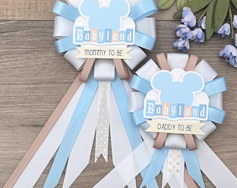 Blue Babyland mommy to be corsage PLUS mini corsage add ons - Disney - it’s a boy - blue, white, tan