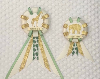 Mommy to be ribbon corsage for baby shower PLUS mini corsage add ons - cream, green, gold - leaves - jungle - giraffe - elephant - lion