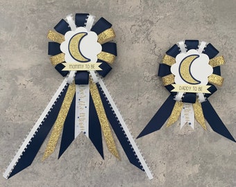 Mommy to be ribbon corsage for baby shower PLUS mini corsage add ons - navy blue, gold, white - over the moon
