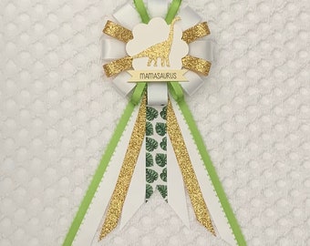 Mommy to be ribbon corsage for baby shower - gender neutral - white, gold, green - dinosaur - mamasaurus