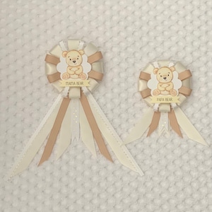 Mommy to be ribbon corsage for baby shower PLUS mini corsage add ons - gender neutral - cream, tan, white - mama bear - teddy bear