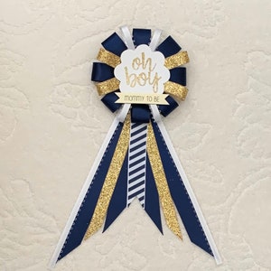 Mommy to be ribbon corsage for baby shower - it&#39;s a boy - navy blue, gold, white - oh boy