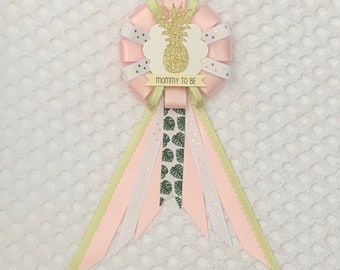 Mommy to be ribbon corsage for baby shower - it's a girl - pink, green - tropical - pineapple - palm leaves