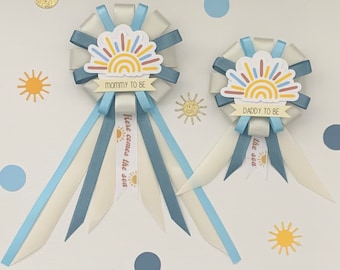 Mommy to be ribbon corsage for baby shower PLUS mini corsage add ons - cream, dusty blue, baby blue - here comes the son - sun baby shower