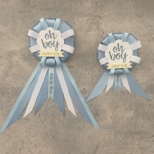 Mommy to be ribbon corsage for baby shower PLUS mini corsage add ons - it&#39;s a boy - sage blue & white - boho - oh baby