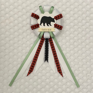 Mommy to be ribbon corsage for baby shower - gender neutral - white, red, black, sage green - buffalo plaid - woodland animals - bear
