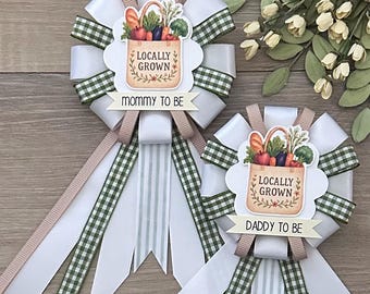 Green Gingham Locally Grown Mommy to be ribbon corsage for baby shower - gender neutral - white, green, tan - farmers market, fruit, veggie