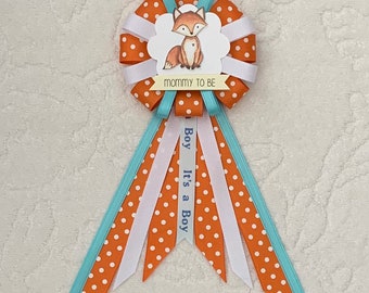 Mommy to be ribbon corsage for baby shower - it's a boy - animal shower - woodland animals - forest animals - zoo animals - fox