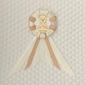Mommy to be ribbon corsage for baby shower - gender neutral - cream, tan, white - mama bear - teddy bear