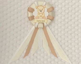 Mommy to be ribbon corsage for baby shower - gender neutral - cream, tan, white - mama bear - teddy bear