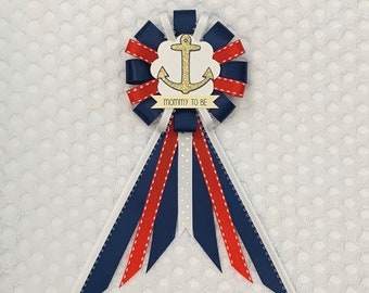 Mommy to be ribbon corsage for baby shower - navy blue, red, white - ahoy it’s a boy - nautical baby shower - anchor