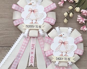 Pink Gingham Silly Goose Mommy to be ribbon corsage for baby shower - it’s a girl - cream, baby pink, white - goose