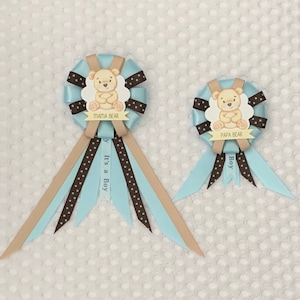 Mommy to be ribbon corsage for baby shower PLUS mini corsage add ons - it’s a boy - blue, brown, tan - mama bear - teddy bear