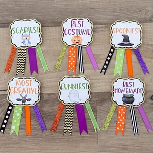 Prize ribbons for Halloween Costume Contest - set of 6 - orange, green, purple, black, gold - witch, owl, pumpkin, cauldron, bat, ghost
