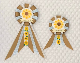 Mommy to be ribbon corsage for baby shower PLUS mini corsage add ons - gender neutral - tan, baby blue plaid, white - sunflower - babyq