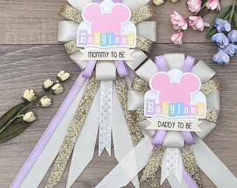 Pink & lavender Babyland mommy to be corsage PLUS mini corsage add ons - Disney - gold, ivory, pink, purple