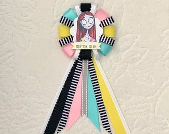 Mommy to be ribbon corsage for baby shower - gender neutral - disney - black, yellow, teal, pink - nightmare before christmas - sally