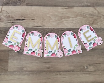 Berry Sweet Name Banner for Baby Shower - custom name - strawberry, bear, cupcake, bow, bunny - berry baby shower - pink, red, gold, white
