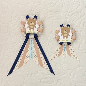 Mommy to be ribbon corsage for baby shower PLUS mini corsage add ons - it&#39;s a boy - teddy bear - cream, tan, navy - mama bear - papa bear