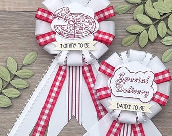 Special Delivery Pizza Mommy to be ribbon corsage for baby shower PLUS mini corsage add ons - gender neutral - white, red, plaid - Italy