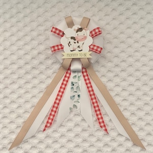 Mommy to be ribbon corsage for baby shower - gender neutral - white, red, sage green - eucalyptus - farm shower - cow