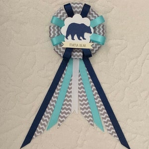 Mommy to be ribbon corsage for baby shower - gray, aqua, navy - woodland animals - bear - mama bear - adventure awaits