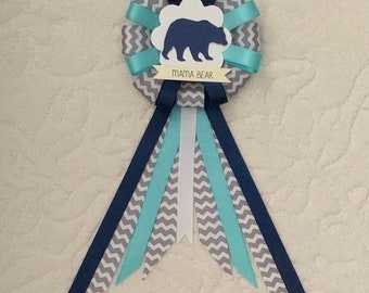 Mommy to be ribbon corsage for baby shower - gray, aqua, navy - woodland animals - bear - mama bear - adventure awaits