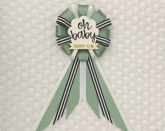Mommy to be ribbon corsage for baby shower - gender neutral - sage green, black, white - boho - oh baby
