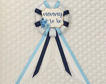 Mommy to be ribbon corsage for baby shower - gender neutral - white, navy, blue, gold glitter - boho - floral