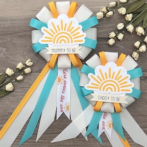 Teal & Orange Sun mommy to be ribbon corsage for baby shower PLUS mini corsage add ons - here comes the son - little sunshine