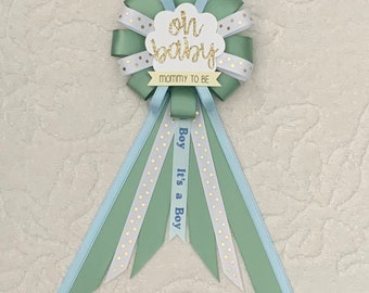 Mommy to be ribbon corsage for baby shower - it's a boy - sage green, blue, gold, white - boho - oh baby