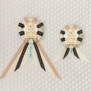Mommy to be ribbon corsage for baby shower PLUS mini corsage add ons - it’s a boy - blue, brown, tan - mama bear - teddy bear