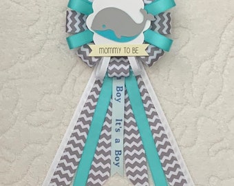 Mommy to be ribbon corsage for baby shower - its a boy - gray, teal, white - under the sea - whale