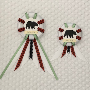 Mommy to be ribbon corsage for baby shower PLUS mini corsage add ons - gender neutral - white, red, black, sage green - buffalo plaid - bear