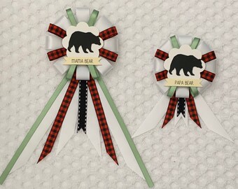 Mommy to be ribbon corsage for baby shower PLUS mini corsage add ons - gender neutral - white, red, black, sage green - buffalo plaid - bear