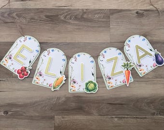 Locally Grown Name Banner for Baby Shower - custom name - tomato, corn, lettuce, carrot, eggplant - farmers market - white, green, gold