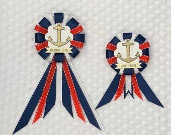 Mommy to be ribbon corsage for baby shower PLUS mini corsage add ons - navy blue, red, white -  ahoy it’s a boy - nautical - anchor