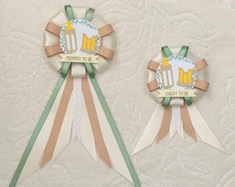 Mommy to be ribbon corsage for baby shower PLUS mini corsage add ons - gender neutral - cream, sage green, tan - baby is brewing - beer