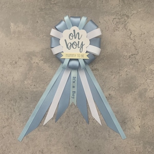 Mommy to be ribbon corsage for baby shower - it&#39;s a boy - blue & white - boho - oh baby