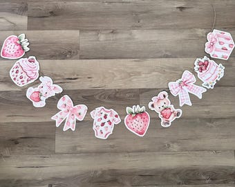 Berry Sweet Baby Shower Banner - strawberry bunting - bunny, bow, onesie, bear, cake, gift - pink, red, white