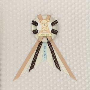 Mommy to be ribbon corsage for baby shower - it’s a boy - blue, brown, tan - mama bear - teddy bear
