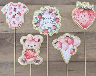 Berry Sweet Baby Shower Party Props - Set of 5 on sticks - strawberry - bear, balloon, onesie, wreath -farmer’s market - gender neutral