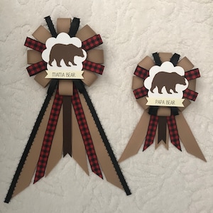 Mommy to be ribbon corsage for baby shower PLUS mini corsage add ons - adventure awaits - tan, red, black, brown - buffalo plaid - mama bear