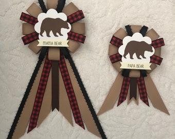 Mommy to be ribbon corsage for baby shower PLUS mini corsage add ons - adventure awaits - tan, red, black, brown - buffalo plaid - mama bear