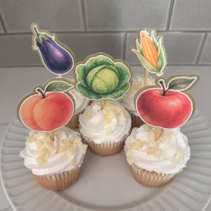 Locally Grown Cupcake Toppers Kit 2 - choose your quantity - fruit, vegetables - peach, lettuce, apple, corn - farmers market baby shower
