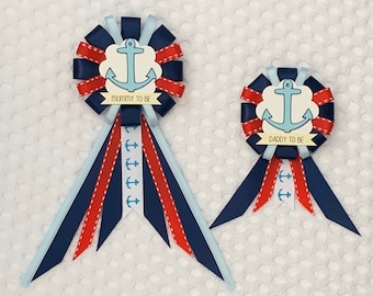 Mommy to be ribbon corsage for baby shower PLUS mini corsage add ons - navy, blue, red, white -  ahoy it’s a boy - nautical - anchor