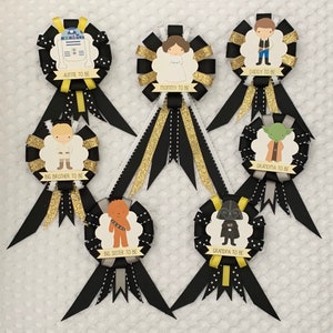 Family ribbon corsages for baby shower - gender neutral - black, white, gold, yellow, gray - Star Wars